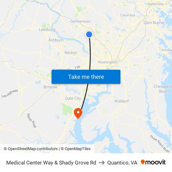 Medical Center Way & Shady Grove Rd to Quantico, VA map