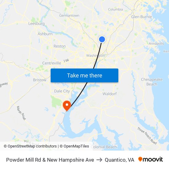 Powder Mill Rd & New Hampshire Ave to Quantico, VA map