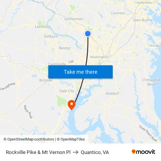 Rockville Pike & Mt Vernon Pl to Quantico, VA map