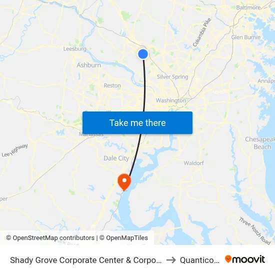 Shady Grove Corporate Center & Corporate Blvd to Quantico, VA map