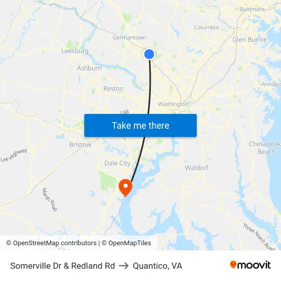 Somerville Dr & Redland Rd to Quantico, VA map