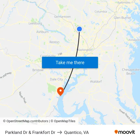 Parkland Dr & Frankfort Dr to Quantico, VA map