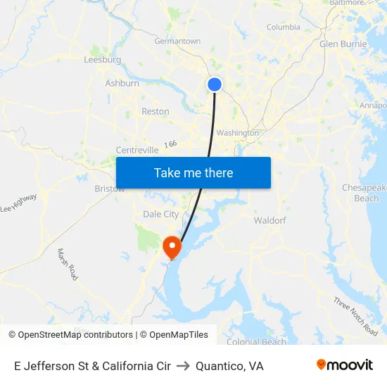 E Jefferson St & California Cir to Quantico, VA map
