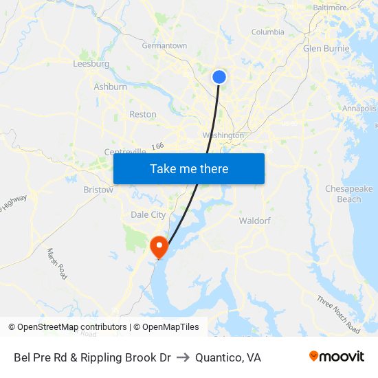 Bel Pre Rd & Rippling Brook Dr to Quantico, VA map