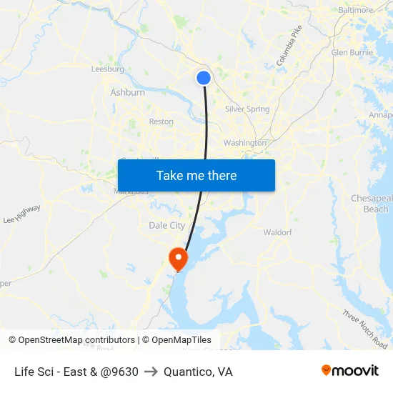 Life Sci - East & @9630 to Quantico, VA map