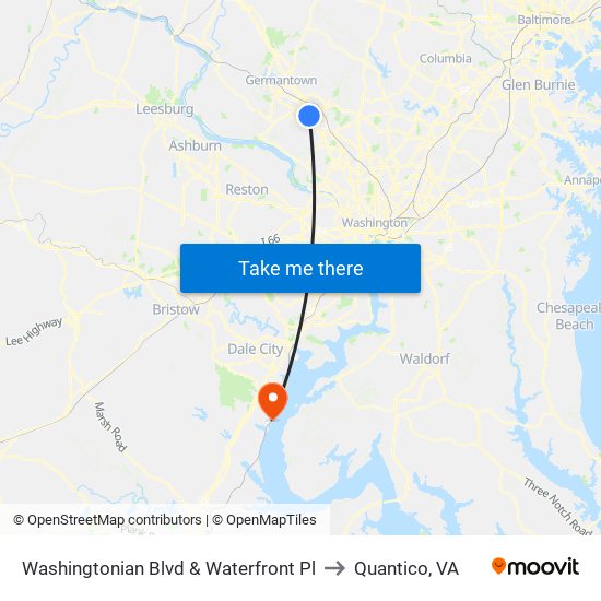 Washingtonian Blvd & Waterfront Pl to Quantico, VA map