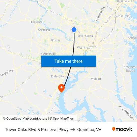 Tower Oaks Blvd & Preserve Pkwy to Quantico, VA map