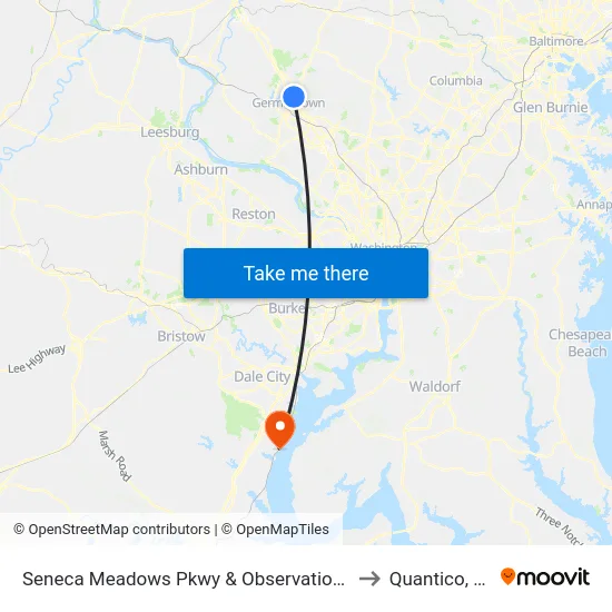Seneca Meadows Pkwy & Observation Dr to Quantico, VA map