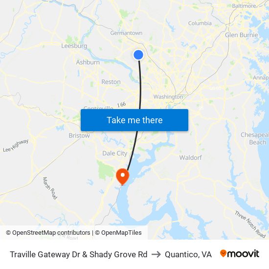 Traville Gateway Dr & Shady Grove Rd to Quantico, VA map