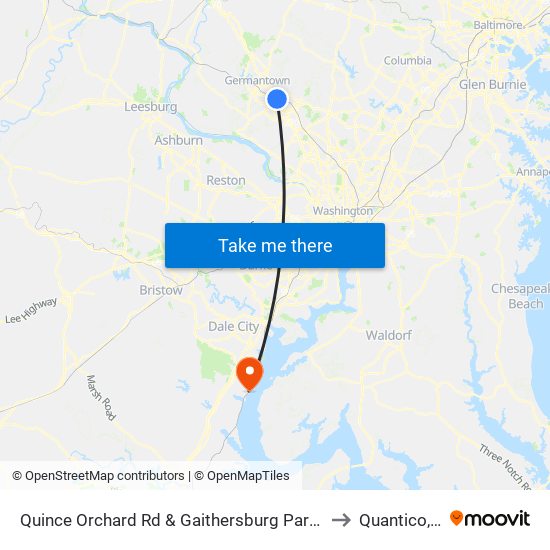 Quince Orchard Rd & Gaithersburg Park & Ride to Quantico, VA map