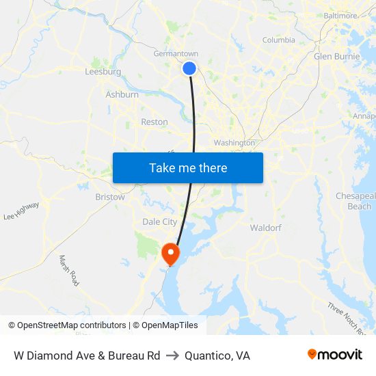 W Diamond Ave & Bureau Rd to Quantico, VA map