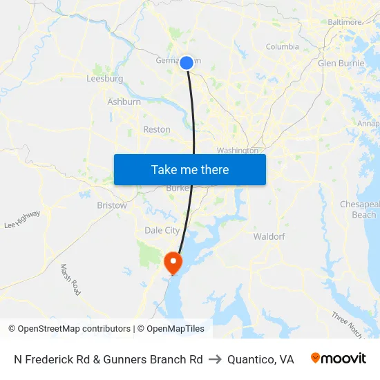 Frederick Rd & Gunners Branch Rd to Quantico, VA map