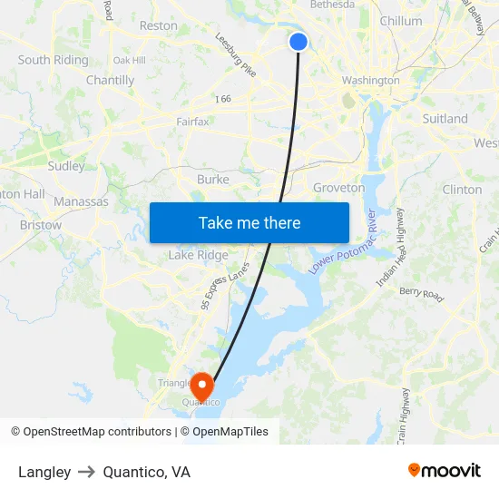 Langley to Quantico, VA map