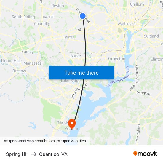 Spring Hill to Quantico, VA map