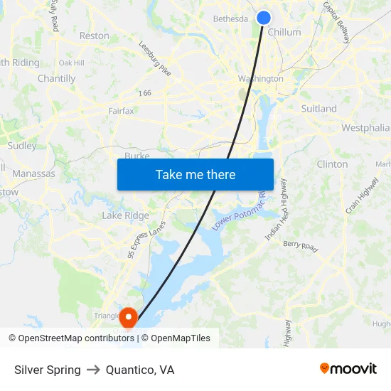 Silver Spring to Quantico, VA map