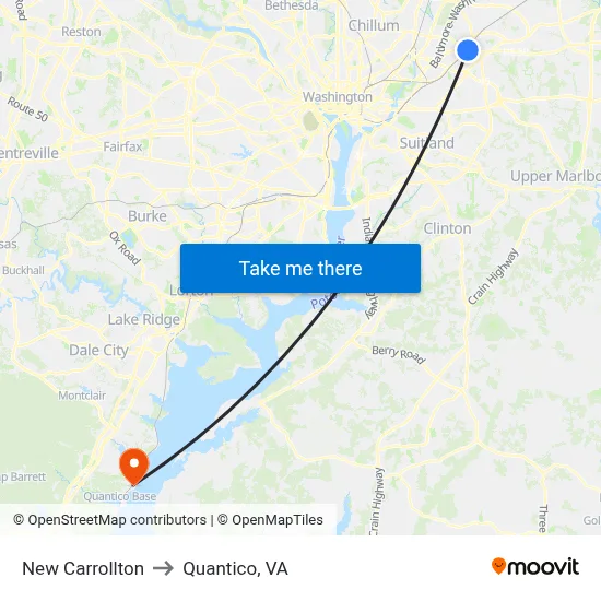New Carrollton to Quantico, VA map