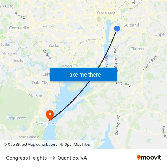 Congress Heights to Quantico, VA map