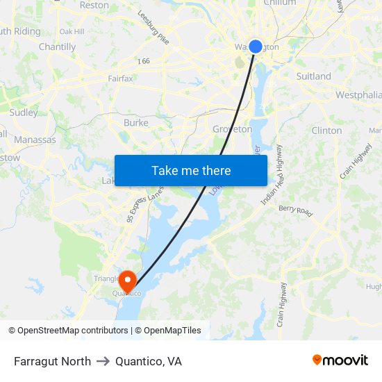 Farragut North to Quantico, VA map