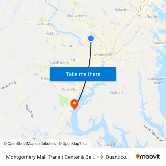 Montgomery Mall Transit Center & Bay B to Quantico, VA map