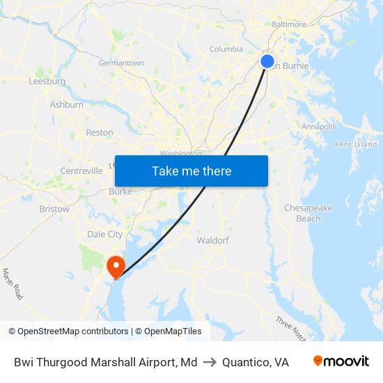 Bwi Thurgood Marshall  Airport, Md to Quantico, VA map