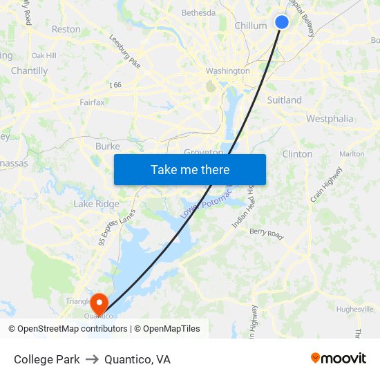 College Park to Quantico, VA map