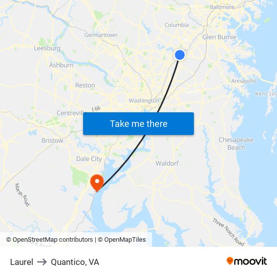 Laurel to Quantico, VA map