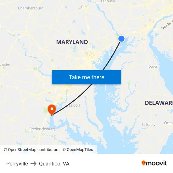 Perryville to Quantico, VA map