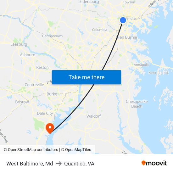 West Baltimore, Md to Quantico, VA map