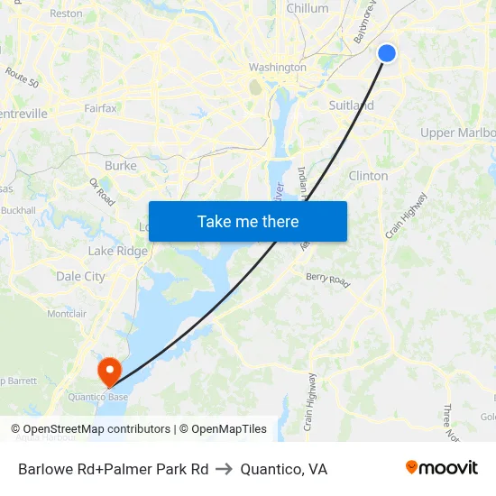 Barlowe Rd+Palmer Park Rd to Quantico, VA map