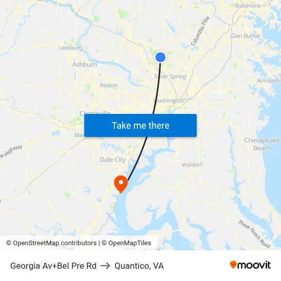 Georgia Av+Bel Pre Rd to Quantico, VA map