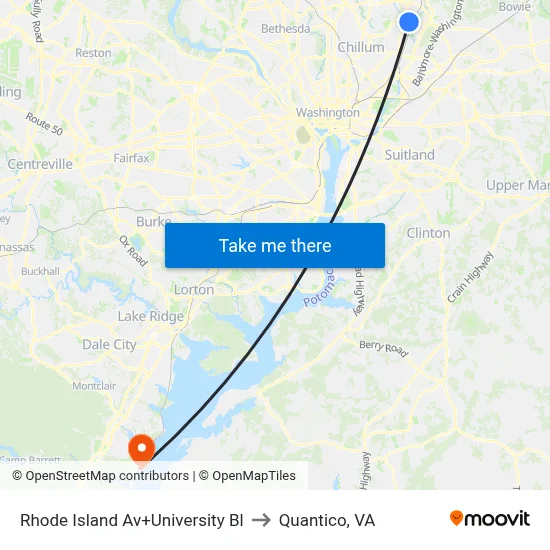Rhode Island Av+University Bl to Quantico, VA map