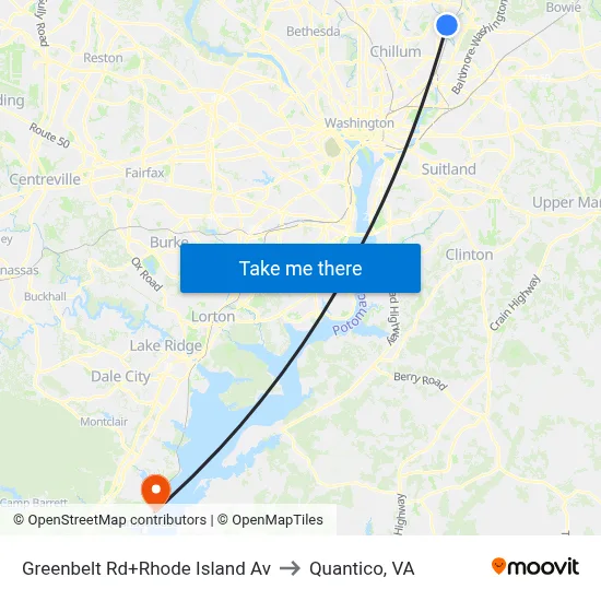 Greenbelt Rd+Rhode Island Av to Quantico, VA map