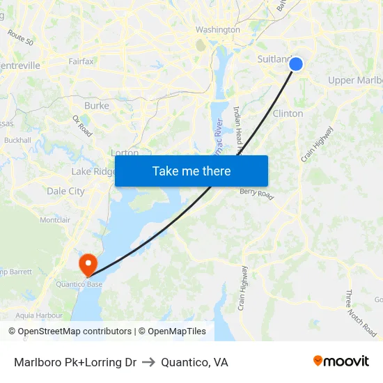 Marlboro Pk+Lorring Dr to Quantico, VA map