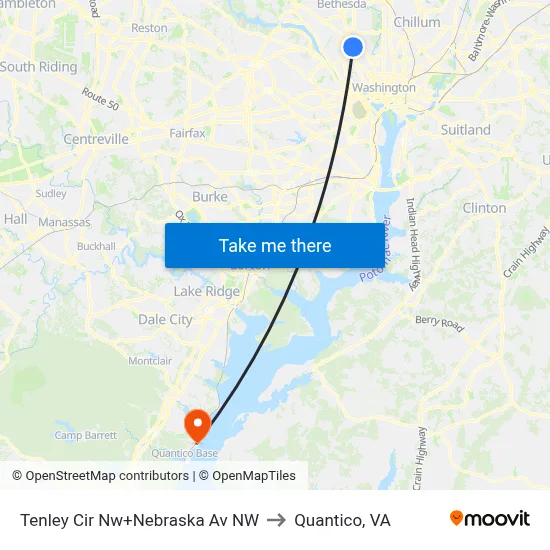Tenley Cir Nw+Nebraska Av NW to Quantico, VA map