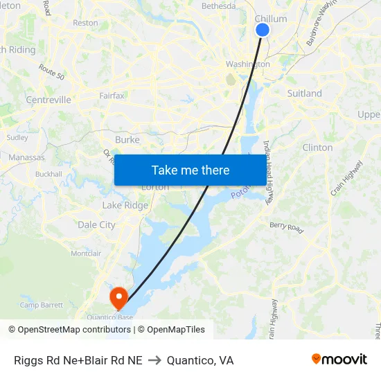 Riggs Rd Ne+Blair Rd NE to Quantico, VA map