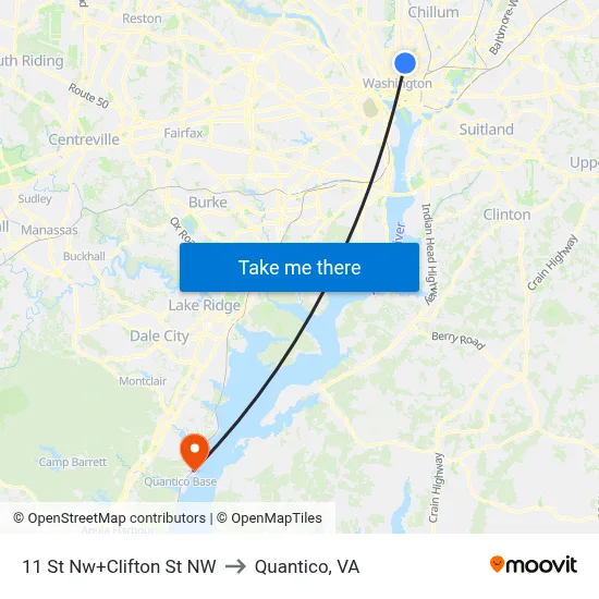 11 St Nw+Clifton St NW to Quantico, VA map