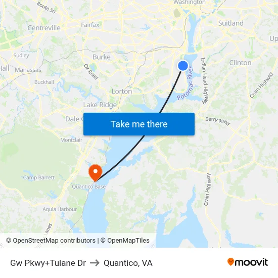 Gw Pkwy+Tulane Dr to Quantico, VA map
