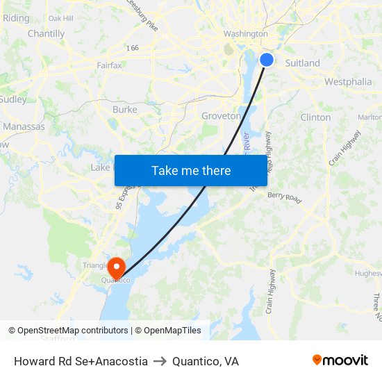 Howard Rd Se+Anacostia to Quantico, VA map