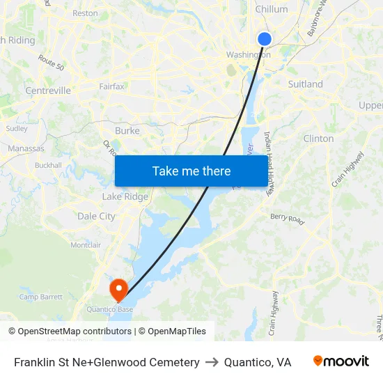 Franklin St Ne+Glenwood Cemetery to Quantico, VA map