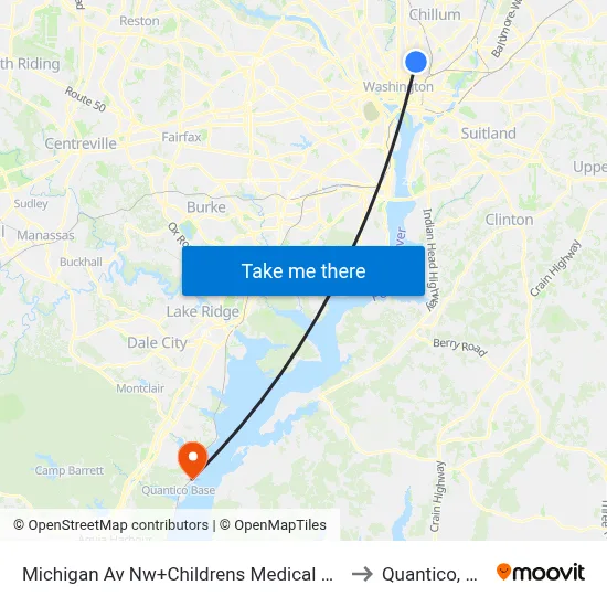 Michigan Av Nw+Childrens Medical Ctr to Quantico, VA map