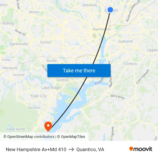 New Hampshire Av+Md 410 to Quantico, VA map