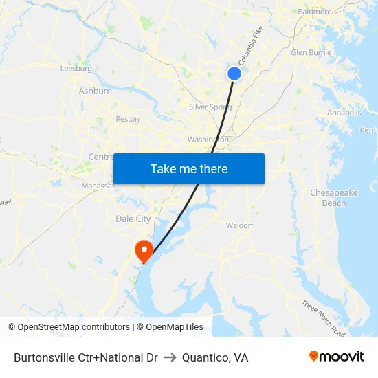 Burtonsville Ctr+National Dr to Quantico, VA map