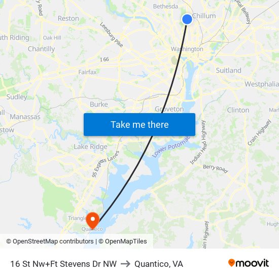 16 St Nw+Ft Stevens Dr NW to Quantico, VA map