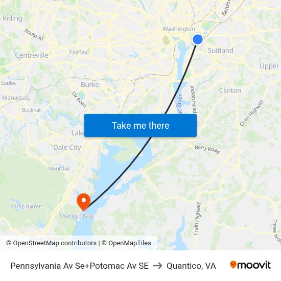 Pennsylvania Av Se+Potomac Av SE to Quantico, VA map
