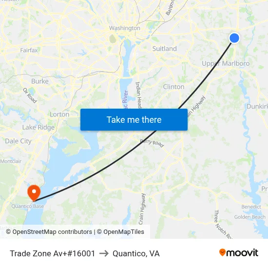 Trade Zone Av+#16001 to Quantico, VA map