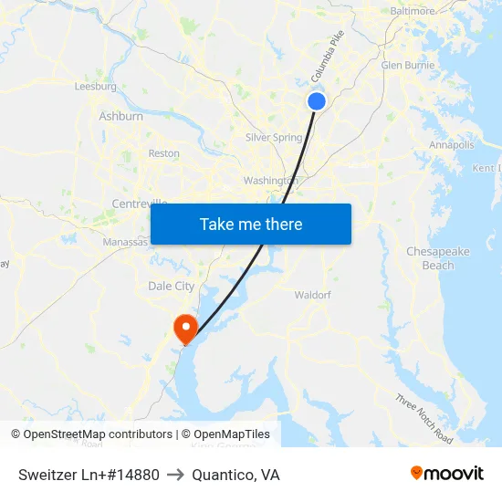 Sweitzer Ln+#14880 to Quantico, VA map