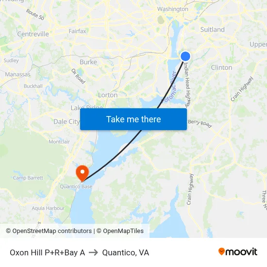 Oxon Hill P+R+Bay A to Quantico, VA map