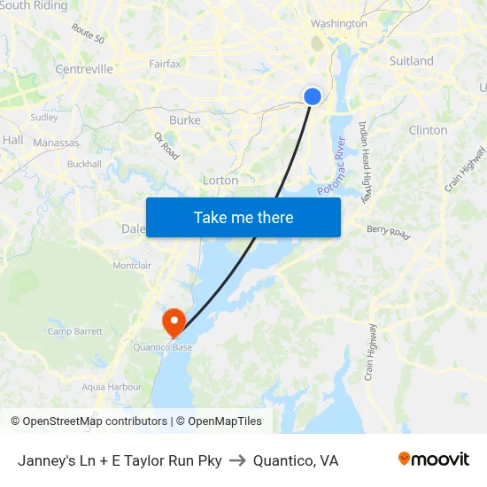 Janney's Ln + E Taylor Run Pky to Quantico, VA map