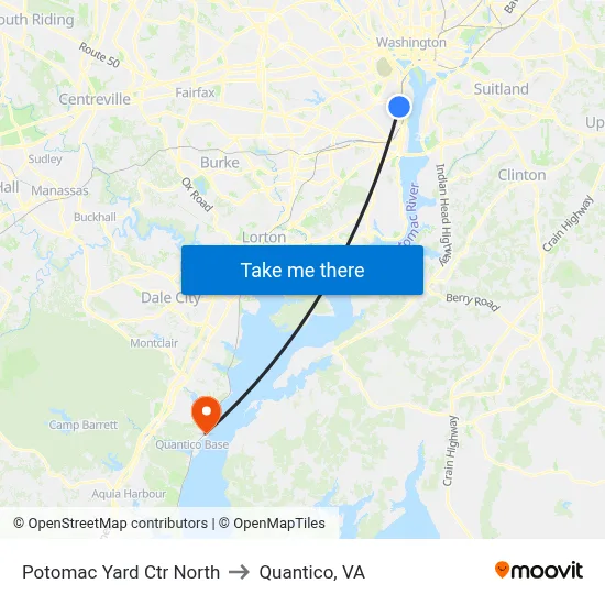 Potomac Yard Ctr North to Quantico, VA map