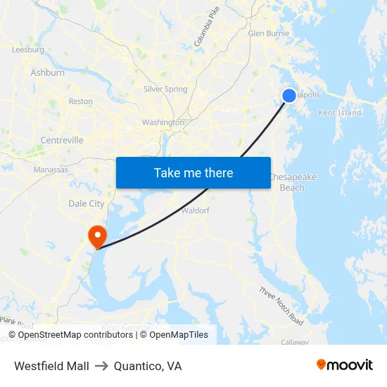 Westfield Mall to Quantico, VA map